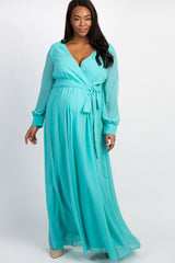 Mint Green Chiffon Long Sleeve Pleated Plus Maternity Maxi Dress