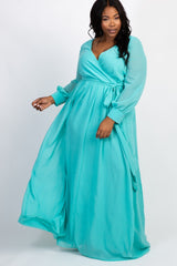 Mint Green Chiffon Long Sleeve Pleated Plus Maternity Maxi Dress