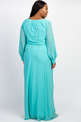 Mint Green Chiffon Long Sleeve Pleated Plus Maternity Maxi Dress