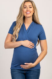 Blue Solid Short Sleeve Wrap Front Maternity/Nursing Top