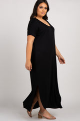 Black Short Sleeve Round Hem Plus Maxi Dress