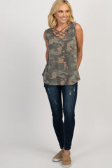 Camo Print Sleeveless Caged Neck Top