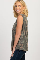 Camo Print Sleeveless Caged Neck Top