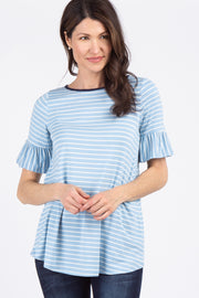 Light Blue Striped Ruffle Sleeve Top