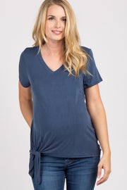 Blue Short Sleeve Knotted Hem Maternity Top