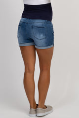 Navy Distressed Maternity Denim Shorts