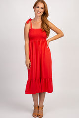 PinkBlush Red Solid Self-Tie Smocked Maternity Midi Dress