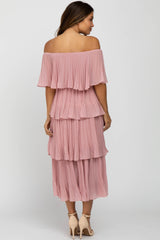 Pink Solid Off Shoulder Pleated Ruffle Maternity Midi Dress