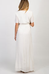 Ivory Embroidered Cinched Maternity Maxi Dress