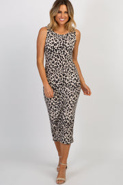 Beige Leopard Print Fitted Midi Dress