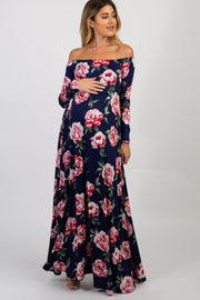 PinkBlush Navy Blue Floral Off Shoulder Maternity Maxi Dress