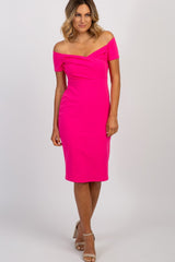 PinkBlush Fuchsia Solid Off Shoulder Maternity Fitted Dress