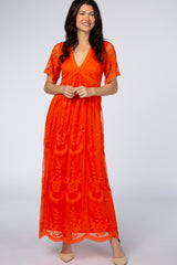 PinkBlush Neon Orange Lace Mesh Overlay Maternity Maxi Dress