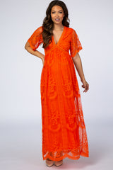 PinkBlush Neon Orange Lace Mesh Overlay Maternity Maxi Dress