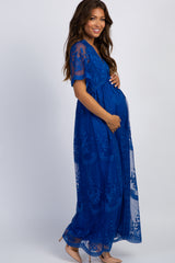 Royal Blue Lace Mesh Overlay Maternity Maxi Dress