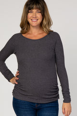 PinkBlush Charcoal Grey Ribbed Knit Ruched Maternity Top