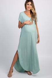 PinkBlush Mint Green Solid Short Sleeve Maternity Maxi Dress