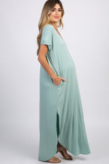 PinkBlush Mint Green Solid Short Sleeve Maternity Maxi Dress