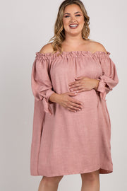 Mauve Solid Ruffle Off Shoulder Plus Maternity Dress