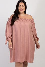 Mauve Solid Ruffle Off Shoulder Plus Dress