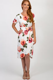 Ivory Floral Sash Tie Wrap Hem Dress