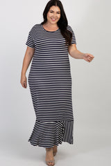 Navy Striped Ruffle Hem Plus Maxi Dress