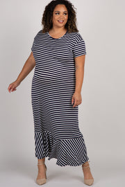 Navy Striped Ruffle Hem Plus Maternity Maxi Dress