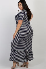 Navy Striped Ruffle Hem Plus Maxi Dress