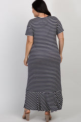 Navy Striped Ruffle Hem Plus Maxi Dress