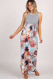 PinkBlush Mint Striped Floral Colorblock Maxi Dress