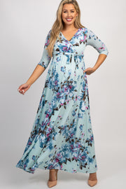 Mint Abstract Floral Sash Tie Maternity/Nursing Maxi Dress