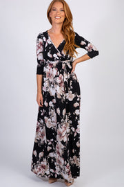 Black Abstract Floral Sash Tie Nursing Maxi Dress