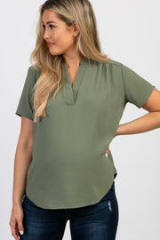 Olive Solid Chiffon V-Neck Maternity Top