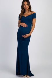 Navy Blue Off Shoulder Wrap Maternity Photoshoot Gown/Dress