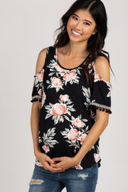 Black Floral Tassel Trim Embroidered Maternity Top