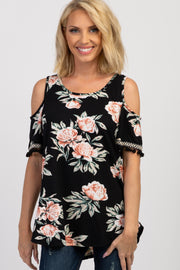 Black Floral Tassel Trim Embroidered Top