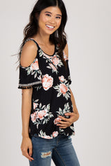 Black Floral Tassel Trim Embroidered Maternity Top