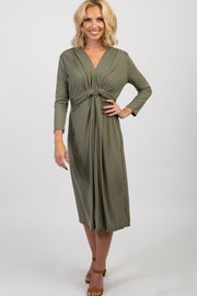 Light Olive Twist Front 3/4 Sleeve Dress