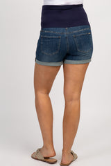 PinkBlush Navy Blue Distressed Rolled Hem Maternity Denim Shorts