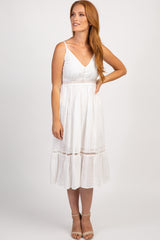 White V-Neck Front Button Eyelet Midi Dress