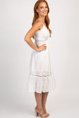 White V-Neck Front Button Eyelet Midi Dress