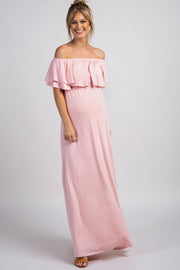 PinkBlush Light Pink Off Shoulder Ruffle Trim Maternity Maxi Dress