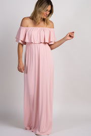 PinkBlush Light Pink Off Shoulder Ruffle Trim Maxi Dress