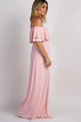 PinkBlush Light Pink Off Shoulder Ruffle Trim Maxi Dress