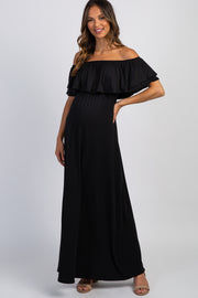 PinkBlush Black Off Shoulder Ruffle Trim Maternity Maxi Dress