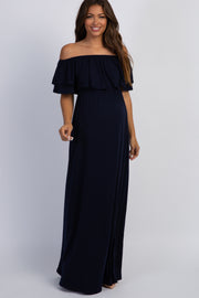 PinkBlush Navy Blue Off Shoulder Ruffle Trim Maternity Maxi Dress