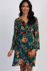 PinkBlush Forest Green Floral Chiffon Maternity Wrap Dress