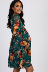 PinkBlush Forest Green Floral Chiffon Maternity Wrap Dress