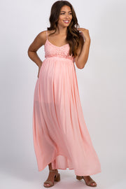 Light Pink Crochet Open Back Maternity Maxi Dress