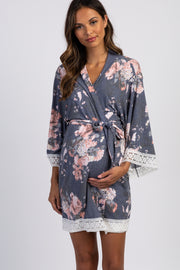 PinkBlush Navy Floral Lace Trim Maternity Robe